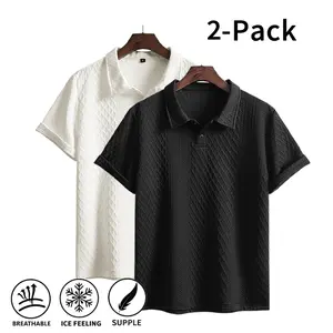 2-Pack Men’s Ice-Feel Textured Polo Shirts, Breathable Supple Knit Tops, Wrinkle-Resistant Black & White Summer Casual & Business Wear