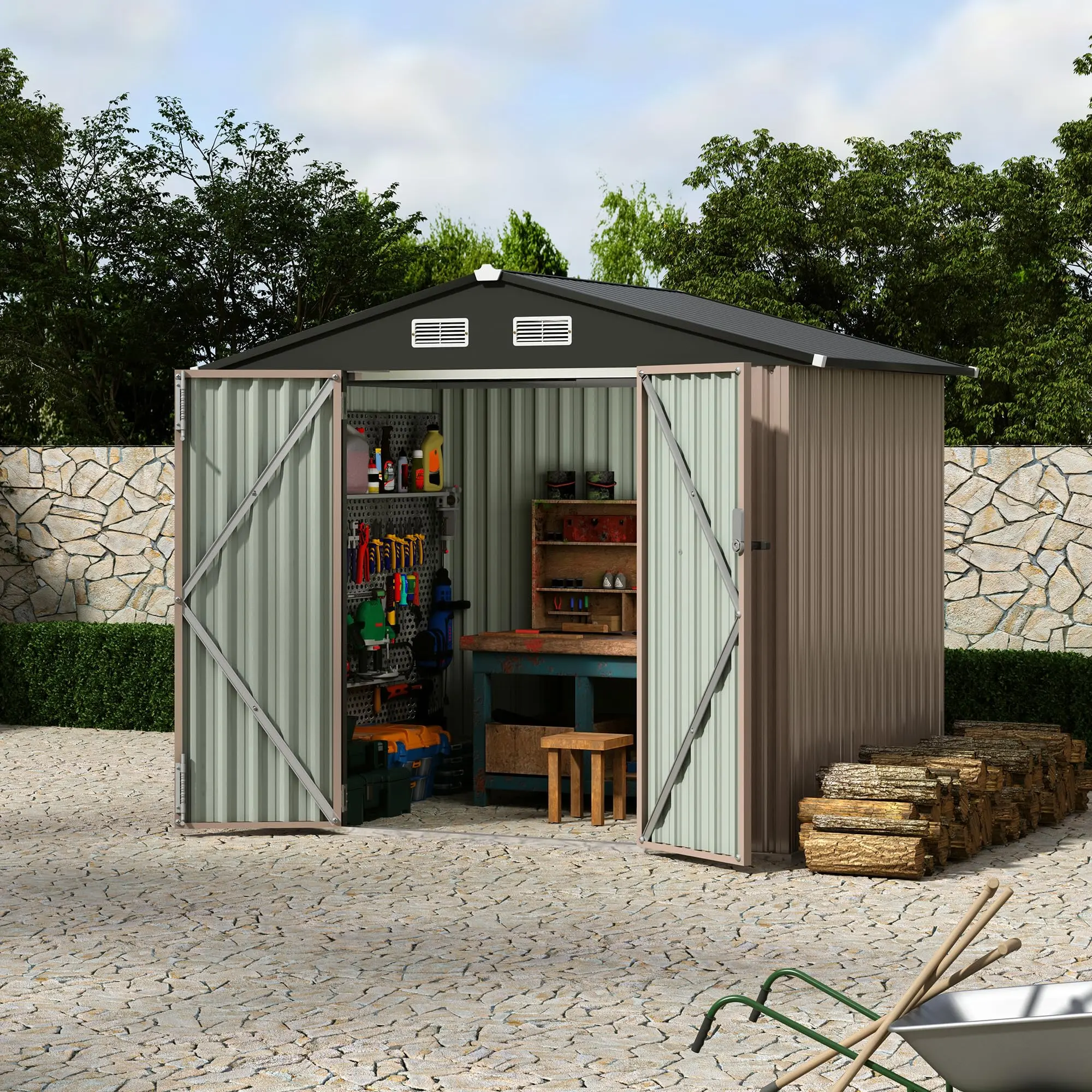 Heavy Duty 10x8 FT Metal Storage Shed Floor Foundation Kit Raised Galvanized Steel Shed Base Platform for Outdoor Storage Units Rustproof Backyard Garden Tool Shed Flooring Grid System Support Frame for Lawn Mower