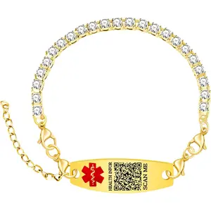 Gold Tennis Bracelet Medical ID Bracelet with Dynamic QR Code | Stainless Steel Emergency Alert Jewelry | Scan to Update Medical Info