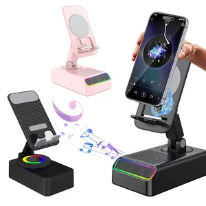 5 in 1 Wireless Induction Bluetooth Speaker Stand with Foldable Phone Holder, Power Bank & Ambient Light — Desktop/Home, Plastic/Metal Composite (Minimalist Design) (Black) Audio Charging