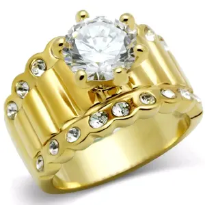 SELAH'S Polished Gold Plated Ring with a Brilliant AAA Grade Center Pronged 8mm CZ  - Water Resistant, Non-Tarnish - Size 6