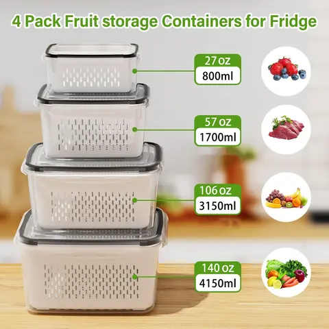 Stackable Fridge Organizers and Storage Set Boxes (2/4/6 Pack) - Durable Plastic Refrigerator Accessories with Double-Layer Drainage, Stacking Shape, Multi-Size for Fruit Storage, Golf Gear Organization, Meal Prep