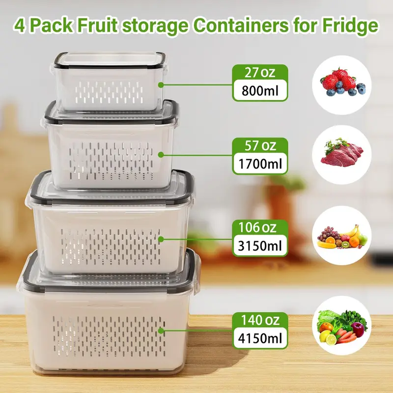 Stackable Fridge Organizers and Storage Set Boxes (2/4/6 Pack) - Durable Plastic Refrigerator Accessories with Double-Layer Drainage, Stacking Shape, Multi-Size for Fruit Storage, Golf Gear Organization, Meal Prep