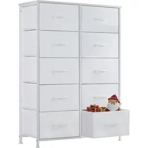 Dresser, Tall Dresser for Bedroom, Drawer Dresser Organizer Storage Drawers with 10 Drawers, Chest of Drawers with Fabric Bin, Steel Frame, Wood Top for Bedroom, Closet, Entryway
