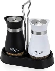 Salt and Pepper Shakers Set with Holder, 4 oz Stainless Steel Salt Pepper Shaker Containers with Glass Bottom for Kitchen Cooking, BBQ, Bar, Table, RV, Camp