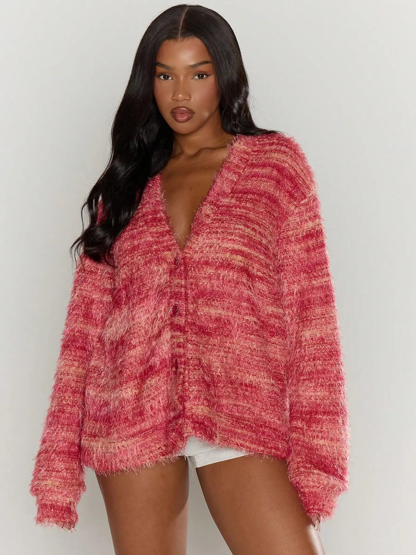 Fuzzy Button Front Cardigan - Oversized Long Sleeve Shaggy Knit Women's Cozy Layering Sweater for Y2K Fashion