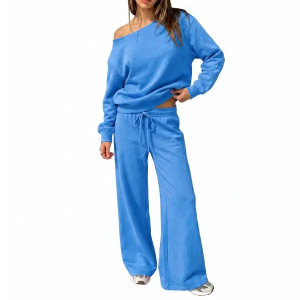 Fisoew Women 2 Piece Outfit Off‑Shoulder Long Sleeve Sweatshirt Wide Leg Drawstring Pants Casual Lounge Tracksuit Set