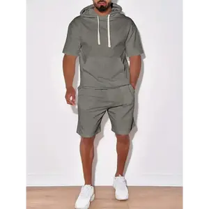 Men’s 2-Piece Solid Color Hoodie Outfit — Casual Short-Sleeve Sweatshirt and Shorts Set for Everyday Wear in Spring and Summer
