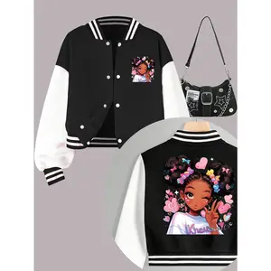 Girls Cropped Printed Casual Jacket, Color Block Varsity Style, Trendy Outerwear for Daily Outfits