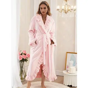 Women's Elegant Long Sleeve Bathrobe, French Terry Warm Robe with Pockets, Fall & Winter Thick Fitted Homewear
