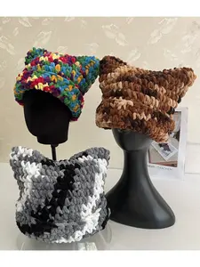 Handwoven Cat Ear Hat for Women, Thick Warm Dual Color Design, Detachable Pearl & Diamond Pin, Perfect for Winter Fashion, Knit Hats, Fitted Hat