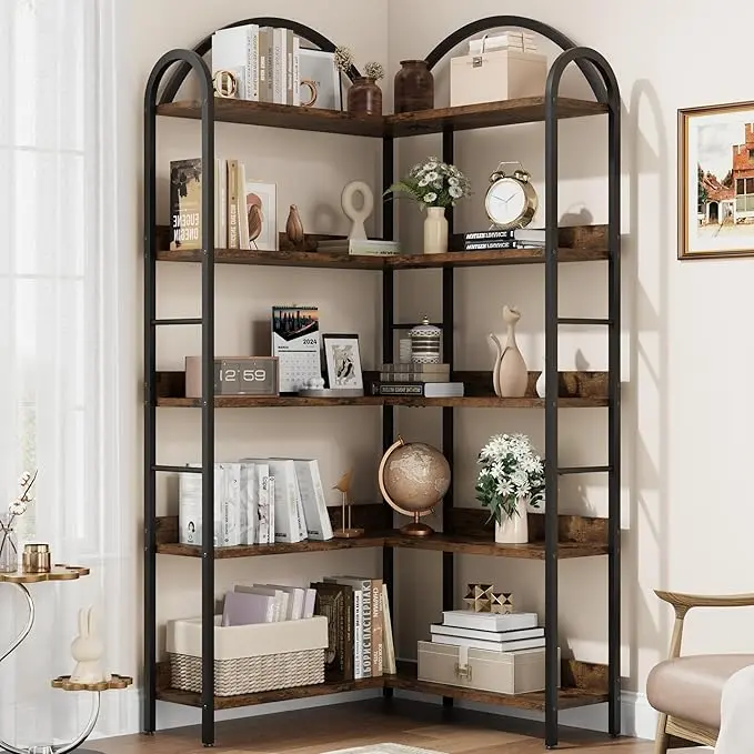 Industrial Look Corner Bookshelf Cabinet - 5-Layer Multi Layer Corner Display Shelf with Metal Frame, Arched Etagere for Living Room, Bedroom Furniture