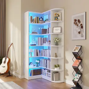 Yitahome 6 Tier Corner Bookshelf with LED Light, White Bookshelf L-Shaped Bookcase Storage Display Shelf for Home Office, Living Room