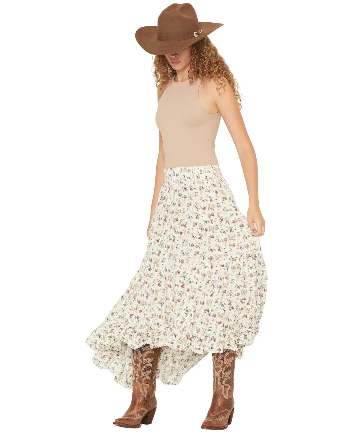 Wild Moss Women's Women'S Floral Print High-Low Midi Skirt - Ima4944-W1813 -Ivy/Dnm