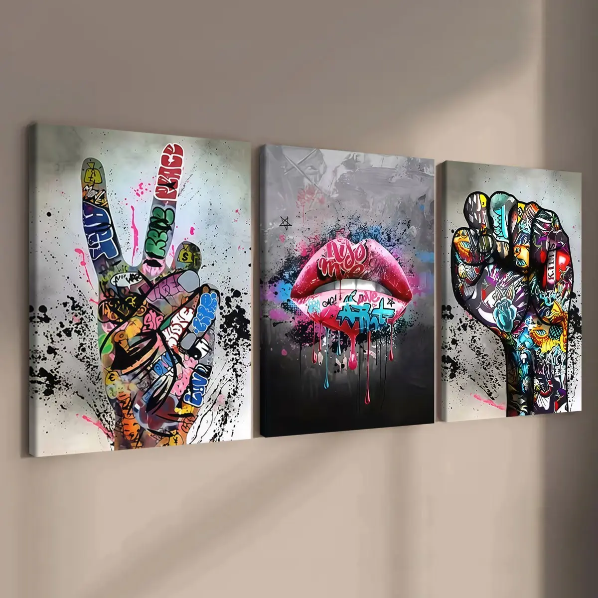 3-Piece Wood Frame Canvas Art, Modern Graffiti Lipstick Wall Decor, Waterproof Home Poster, Living Room Office Wall Art, Art Canvas Prints