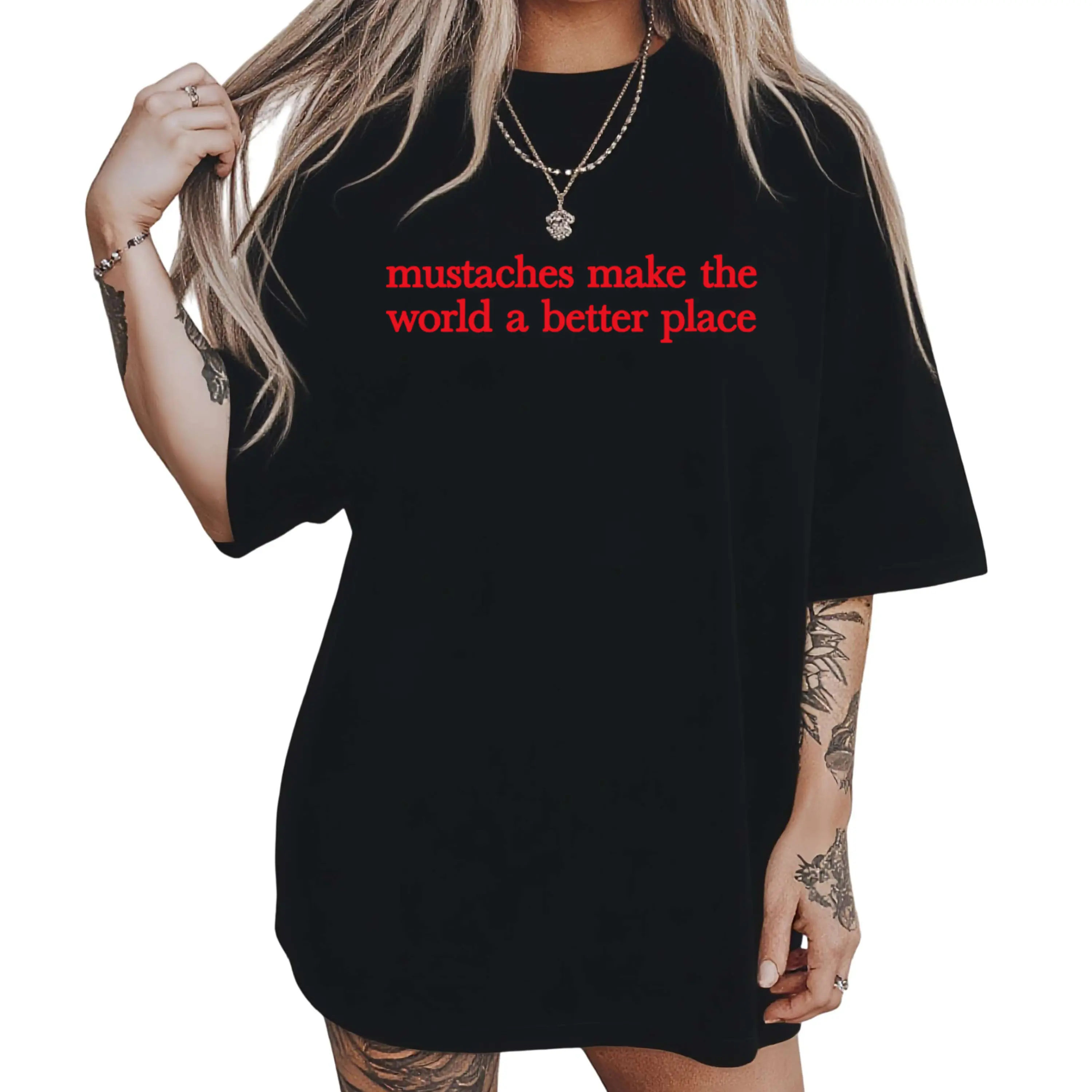 Mustaches Make The World A Better Place Shirt Funny Mustache Lover TShirt For Women For Y2K Streetwear Graphic Tee Graphic Concert T-Shirt