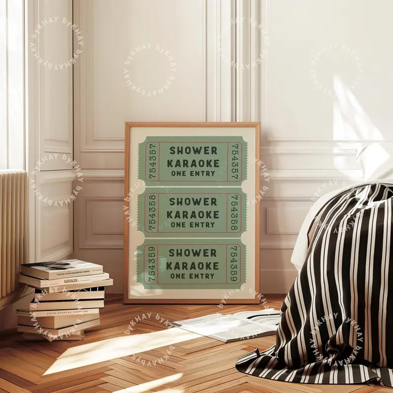 No Framed Shower Karaoke Ticket Print Green Bathroom Retro Cream Aesthetic Shower Singing Funny Wall Art Vintage Trendy Home Decor Physical Print