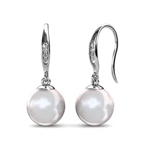Betty 18k White Gold Plated Freshwater Pearl Drop Dangle Earrings with Simulated Diamond Crystals