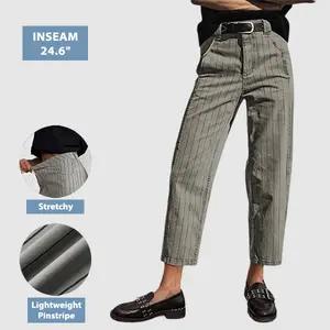 Flamingals Pinstriped Mid Waist Straight Leg Crop Pants Comfort Casual Womenswear