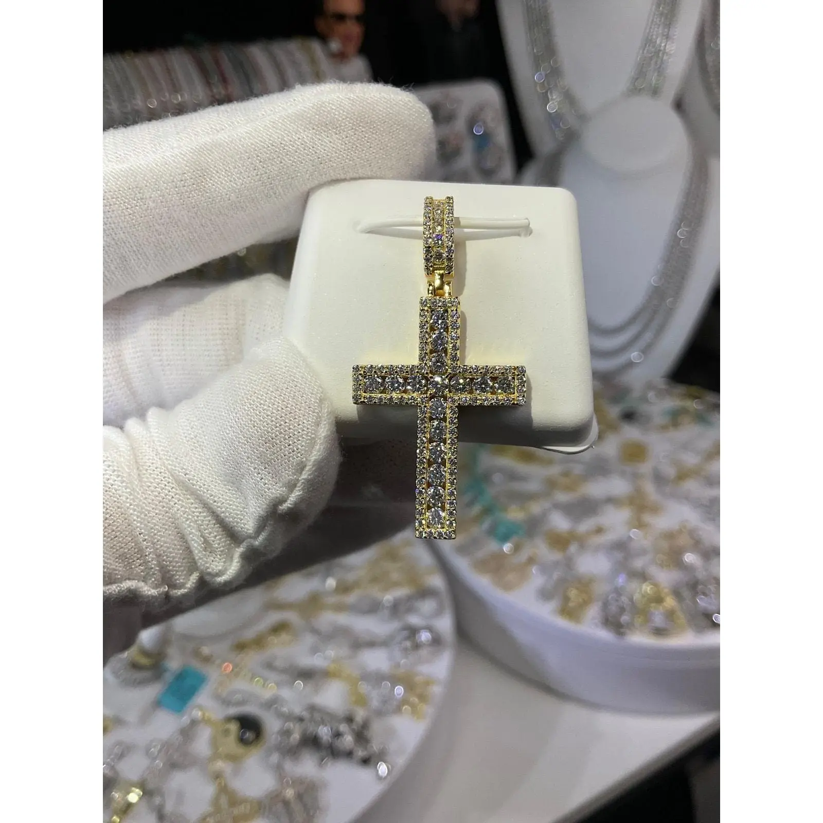 Vermeil Moissanite Channel-Set Floating Stone Cross Necklace Pendant, Gemstone Necklace for Fine Silver Jewellery Accessories, Gemstone Pendant Necklace