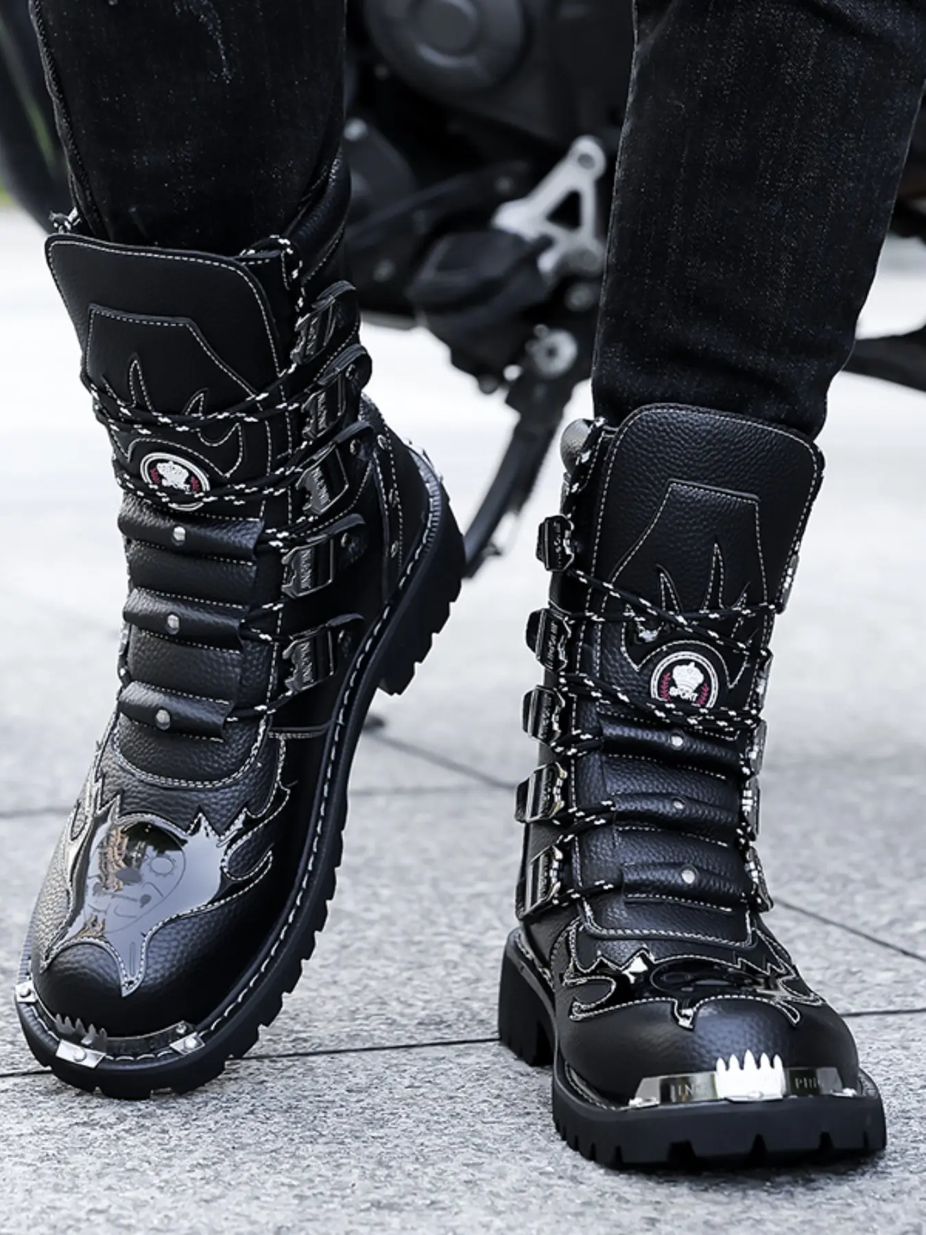 New Original Punk Style Men's Motorcycle Studded Boots, Heavy Metal Buckle Decoration, Street Fashion Trendy Boots, Unique Design, Footwear, Shoe, Boots Shoes
