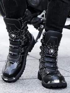 New Original Punk Style Men's Motorcycle Boots, Heavy Metal Buckle Decoration, Street Fashion Trendy Boots, Unique Design, Footwear