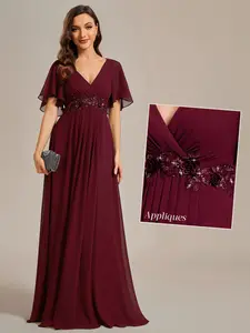 Ever-Pretty 2026 Valentine dress Elegant Spring  Dress ,Chiffon Maxi Gown with Deep V-Neck, Flutter Sleeves and Embroidery for Fall Wedding Guest dress Ruffles Sleeve A-Line Chiffon Waist Applique ,Maxi Formal Evening Dress 01960