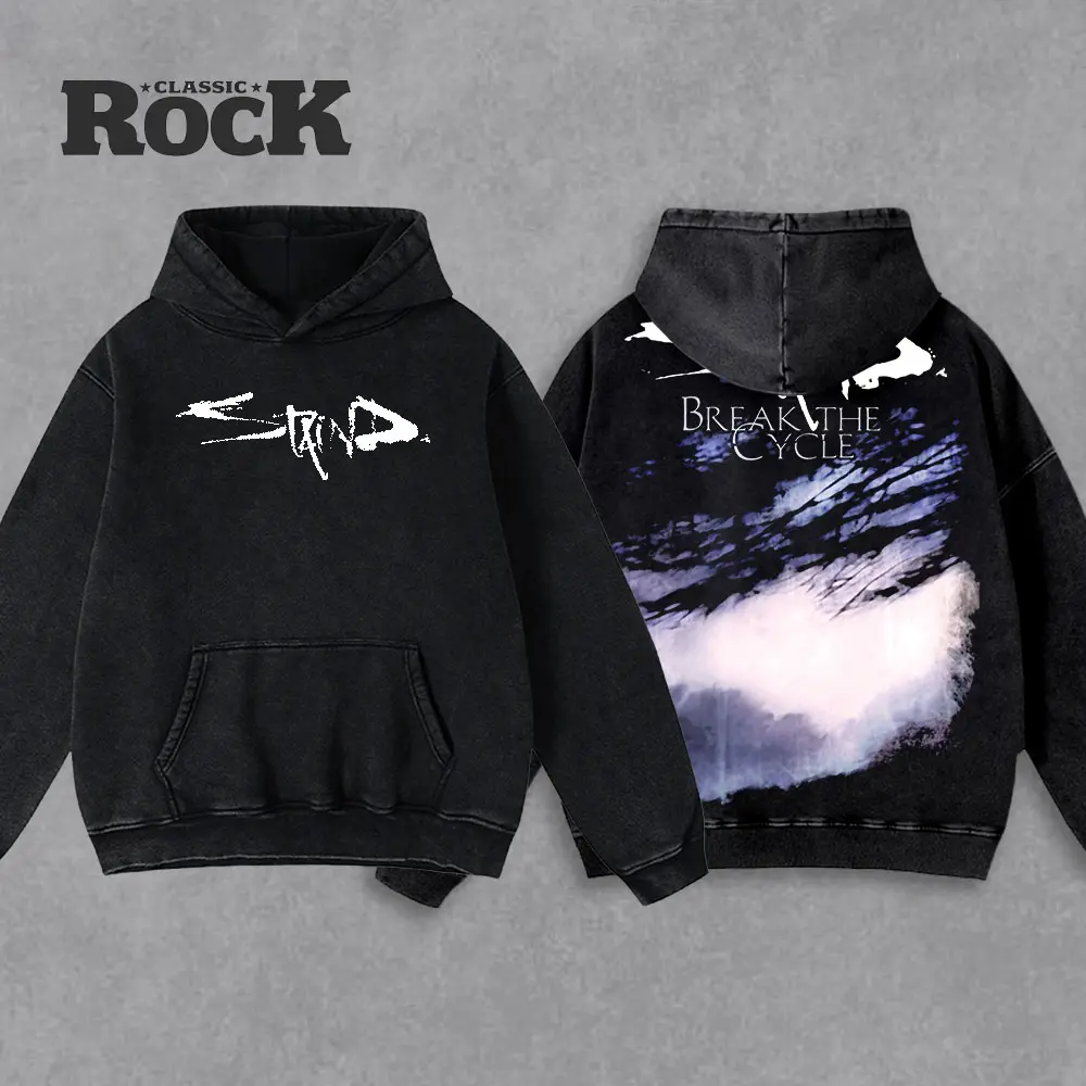 Staind Break The Cycle Printed Graphic T-Shirt for Men - Unisex Oversized Acid Wash Polyester Tops, Seamless Vintage Rock Music Streetwear Style with Front & Back Print