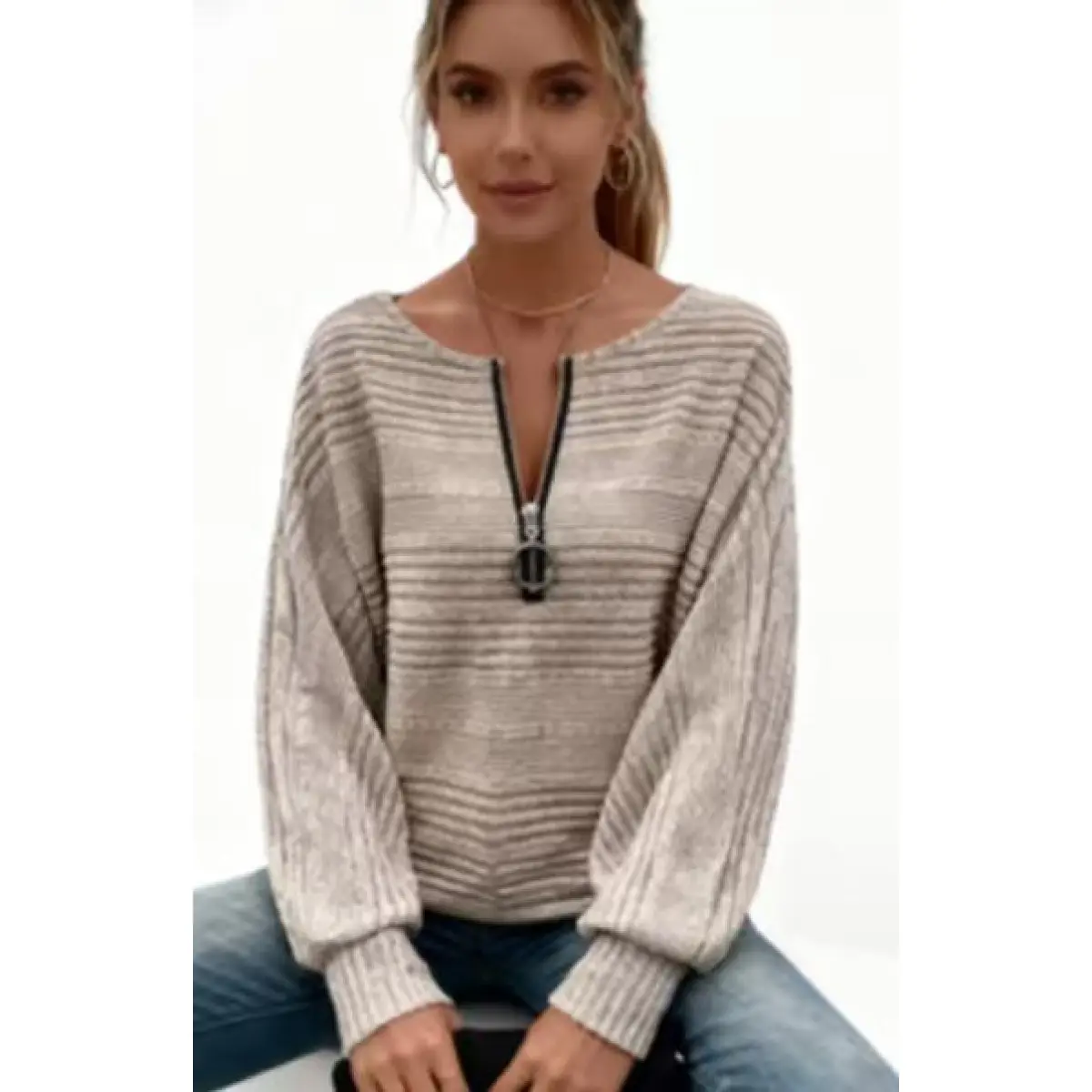 Autumn-Winter Women's Casual Ribbed Batwing Sleeve Pullover Elastic Loose Round Neck Front Zipper Decor Sweater Solid Color Fall Winter Fashion Top long sleeve tops women clothes for women vintage sweatshirts jacket for women  Womenswear Elegant Knitwear