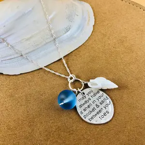 Sea Glass Shell Charm Necklace - Shell in Your Pocket Sand Between Toes - Sterling Silver Necklace - Beach Glass Jewelry - Blue Seaglass