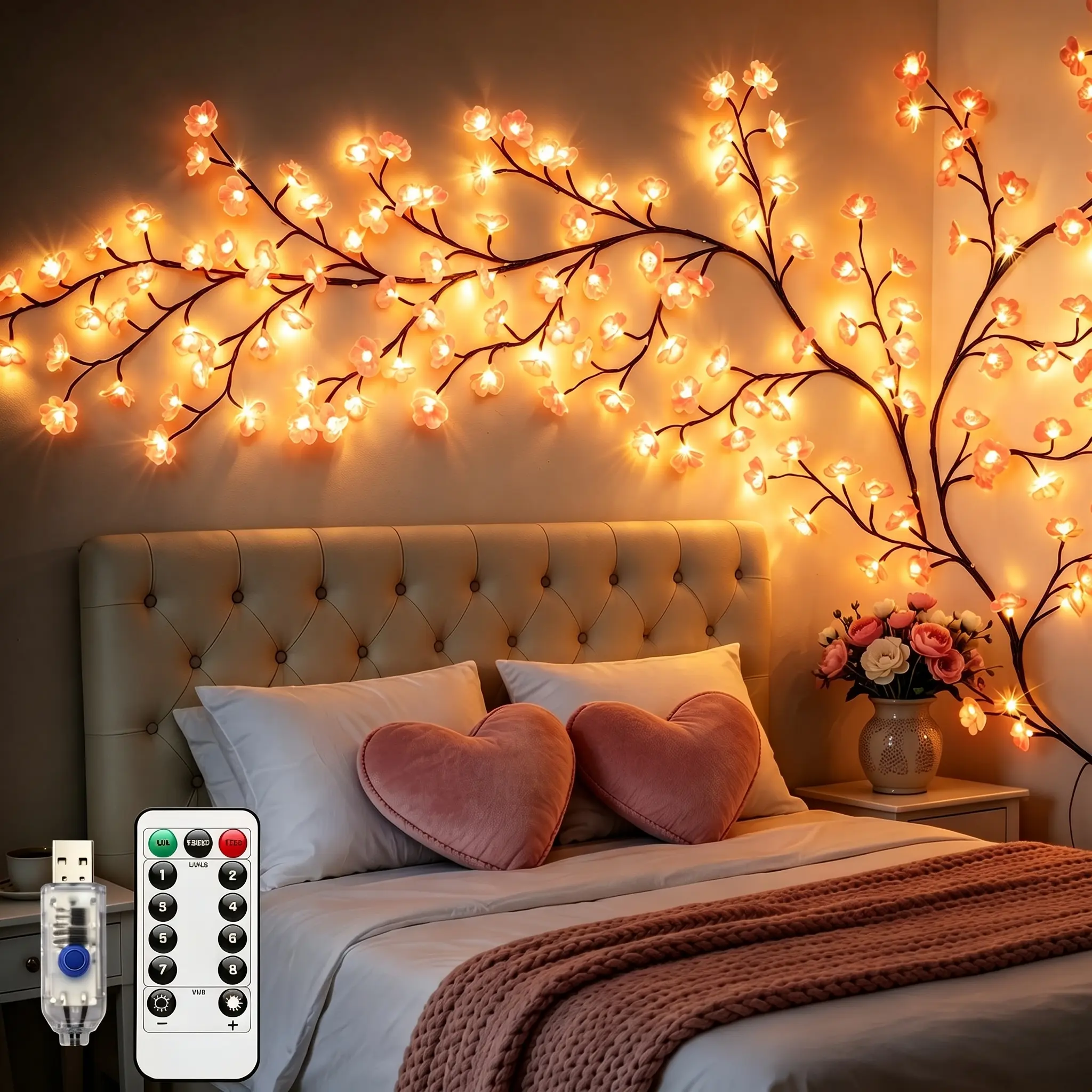 Cherry Blossom Willow Vine LED Branch Lights, USB Powered with Remote & Timer, 8 Lighting Modes, Pink Flower Twig Garland for Wall, Bedroom, Wedding, Christmas Indoor Outdoor Decor, Multiple Sizes 48/96/144LED