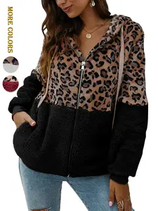 ASWULK Women's Leopard Print Fleece Hoodies Long Sleeve Casual Winter Medium Length Fuzzy Zip Up Drawstring Hooded Sweatshirt Coat