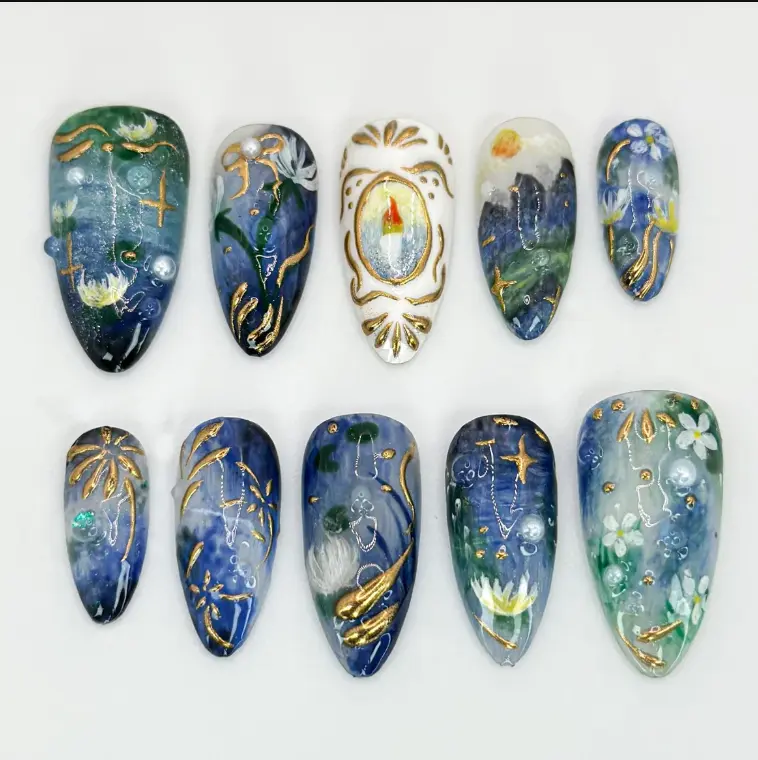 Handcrafted Galaxy Press On Nails | Blue and Gold Star Nails | Mystical Cosmic Nail Art | Galaxy-Inspired Luxury Nails | Dreamy Nail