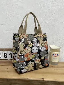 Cartoon Cat Pattern Lunch Bag, Canvas Handbag, Portable Insulated Lunch Bag, Lunch Box Bag for Work, School, Travel, Picnic, Travel Essentials, Zipper Lunch Bag, Lunch Bag Tote Bag