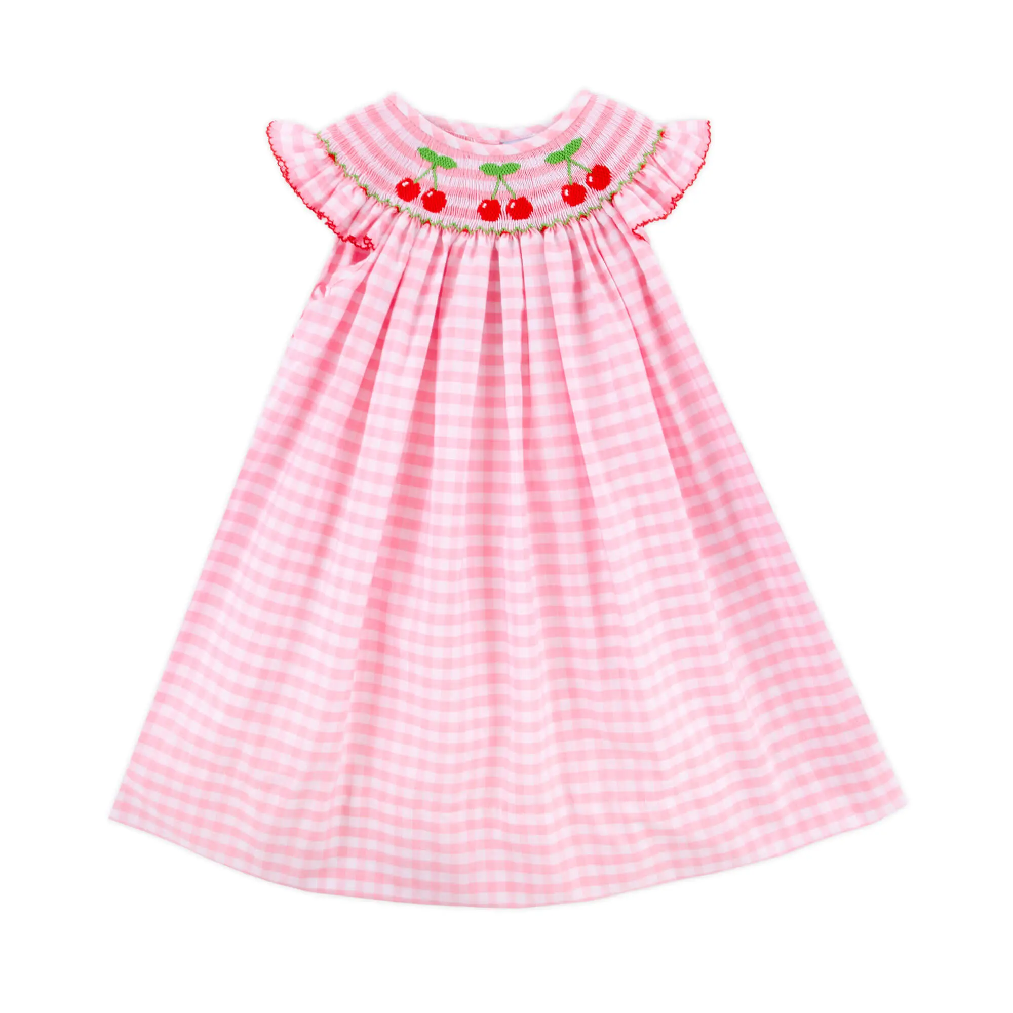 Cherry Smocked Pink Gingham Angel Sleeve Dress