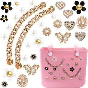 30 PCS Charms for Bogg Bag Pearls & Flowers Butterfly & Bling Chain Accessories Compatible Simply Southern Beach Bag Tote Insert