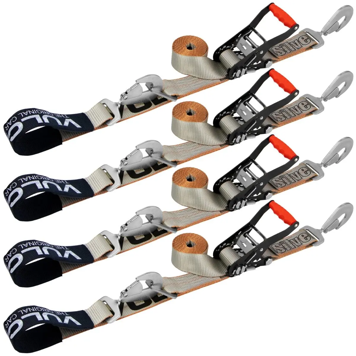 VULCAN Axle Tie Down Combo Strap with Snap Hook Ratchet - 2 Inch x 114 Inch - 4 Pack - Silver Series - 3,300 Pound Safe Working Load Webbing For Vehicles Webbing For Cars
