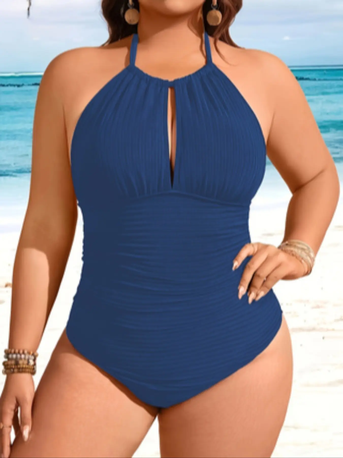 Women's Plus Size Sexy Solid Color Backless One-Piece Swimsuit, Fitted Special Fabric Slimming Swimwear, Plain Style Bathing Suit, Ruched Backless Swimsuit, Stretchy Swimwear