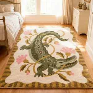 Vintage Crocodile Floral Carpet, Decorative Rug for Bohemian Home Decor, Soft Plush Area Rug for Living Room & Kids' Bedroom, Cozy Indoor Mat