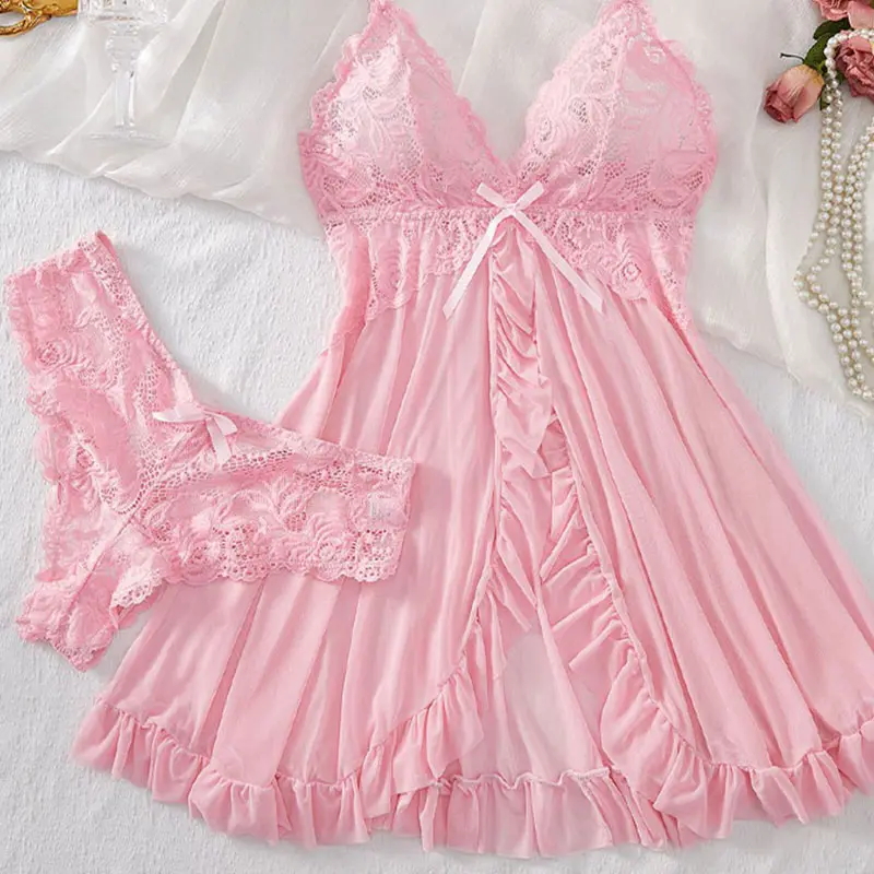 Suspender Suit Summer Nightgown Lace Thong Sets Women's Sexy Pyjamas Lingerie Night Dress Comfortable Sleepwear