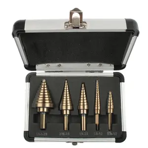 Titanium-coated step drill bit set (5 pieces), double-edged reinforced reamer, cobalt steel, wear-resistant and high-temperature resistant, includes automatic positioning punch and portable aluminum case.