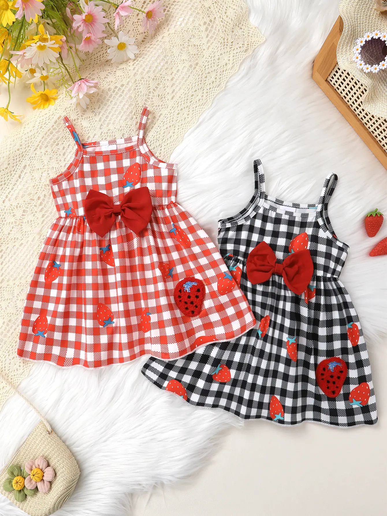 2-piece Cute, Comfortable, Casual And Elegant Bow Decoration Strawberry Printed Plaid Suspender Dress For Baby Girls, Suitable For Summer Daily Outings, Vacations And Parties