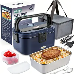 80W Quick Heat Portable Electric Lunch Box Food Warmer, 1.5-3.5L Waterless Heating Safe Stainless Steel Liner Utensil Storage Bag Included