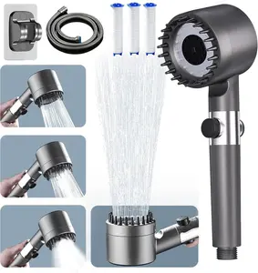 High Pressure Shower Head, High Power Shower Head and Hose Set with 4 Filters, 59‘’ Hose & Bracket, 4 Spray Modes & Pause Switch, Hard Water Filtered Showerhead with Handheld, Gray