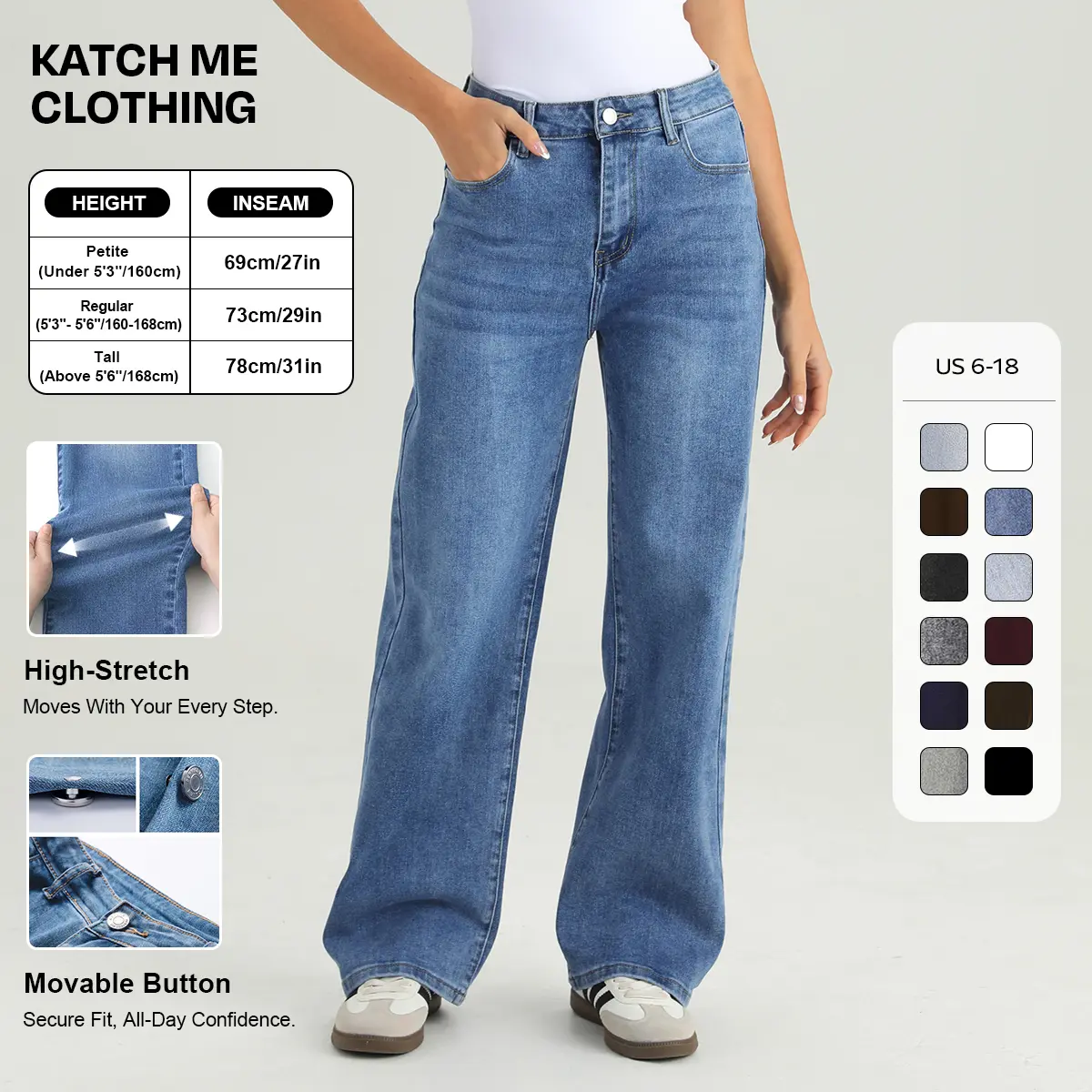 KATCH ME Women's Baggy Wide Leg Jeans, High Waisted Loose-fit Street Style Stretch Denim with Pockets and Belt Loops