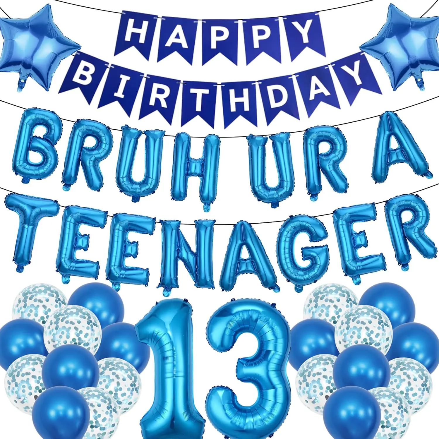 13th Birthday Decorations Balloons Banner Set - 40 Pcs Lightweight Blue Star, Bruh, Ur A Teenager Letter Foil Balloons, Backdrop for Boys' 13-Year-Old Teen Party Setup & Teenage Fun Supplies, Star Shape