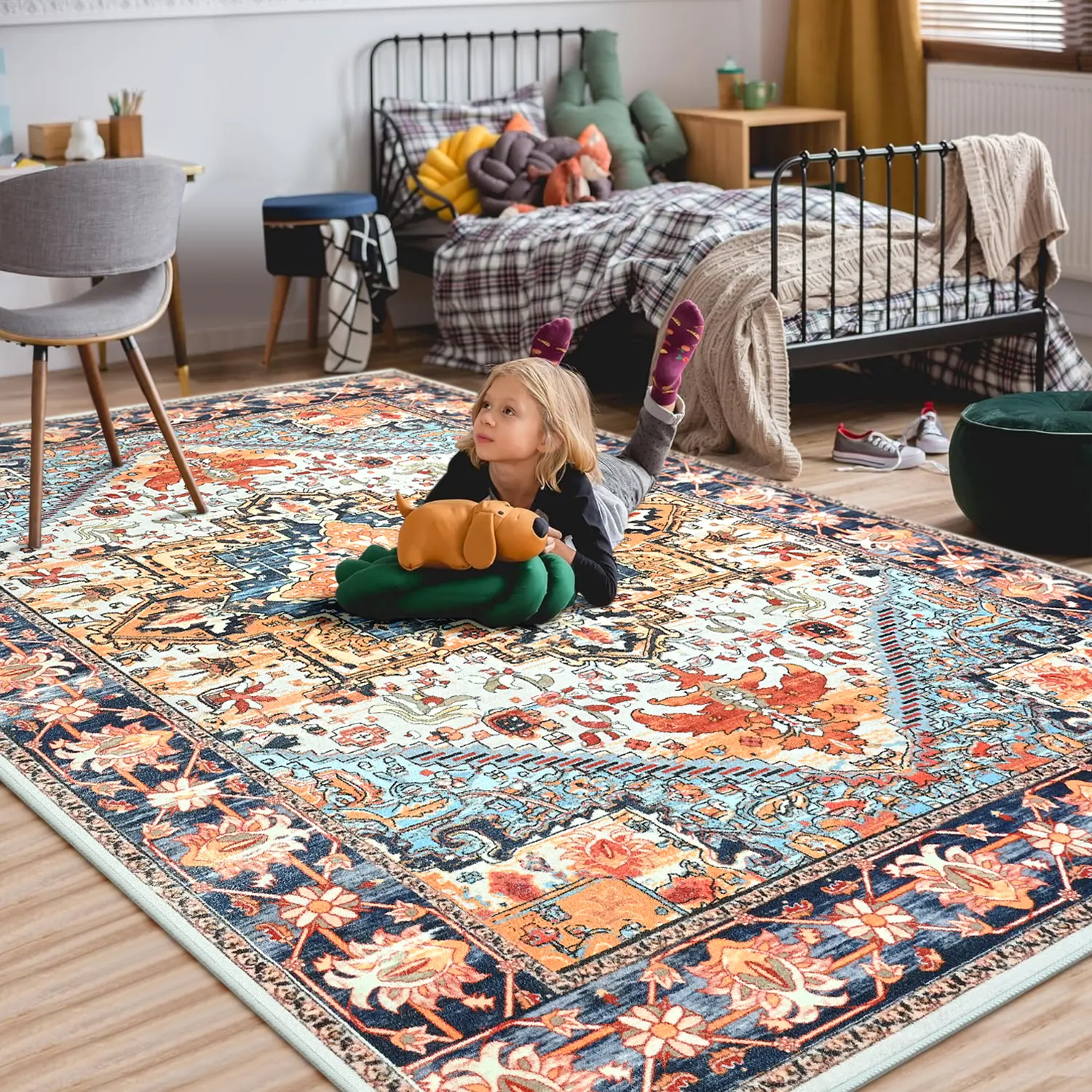 Orange Luxurious Persian-Inspired Cashmere imitation Vintage Area Rug ,home decor rug, indoor carpet，Washable & Stain-Resistant Carpet for Living Room, Bedroom,Kitchen, Entryway -Vintage Print Design with Non-Slip Backing