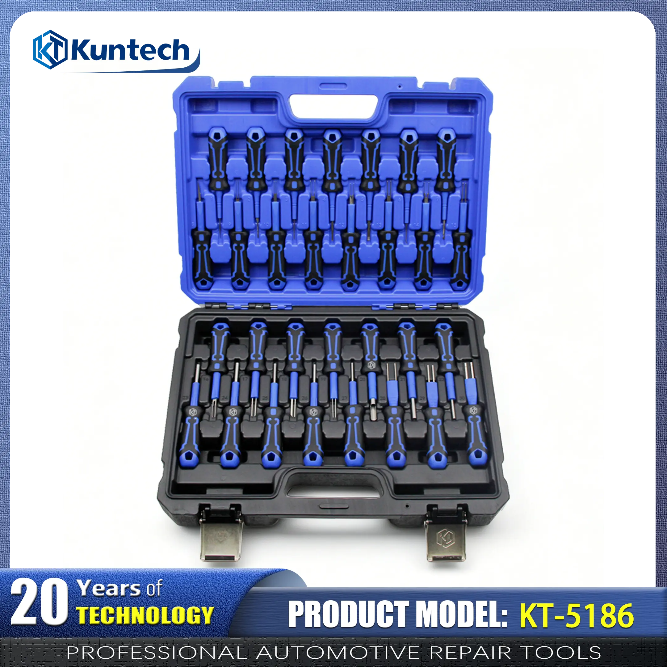 Kuntech KT-5186 30PCS Auto Terminal Pin Remover Set, Heat-Treated Alloy Steel Wire Harness Plug Extraction Tool Kit, Universal Electrical Connector Release Tool for Car Wiring Repair  30pcs terminal tool kit、heat treated steel pin extractor、