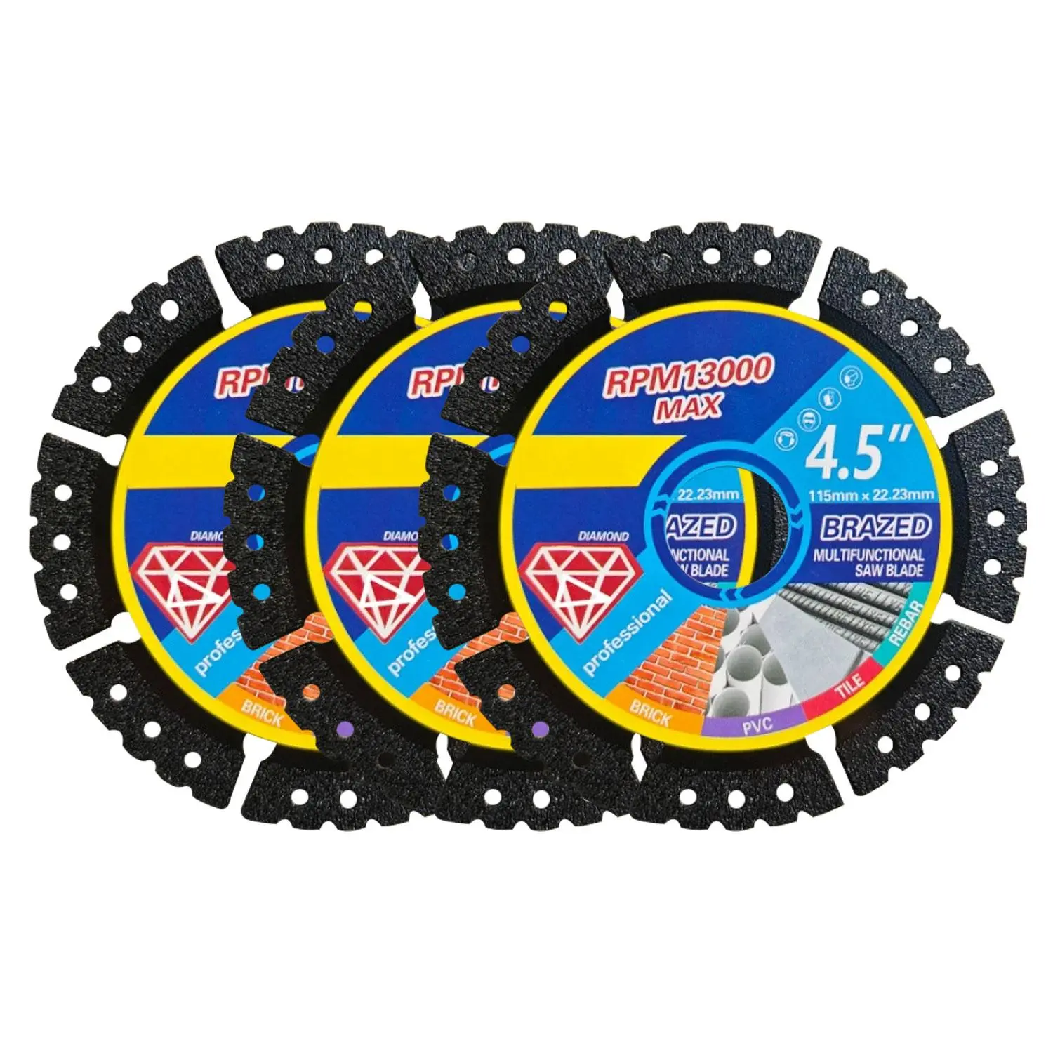 9.9 Value Pack (3-Piece) 4.5" (115mm) Diamond Cutting Discs, Heavy Duty Angle Grinder Blades with Arbor Mount, Long Life Tile Cutting Tool for Metal, Plastic