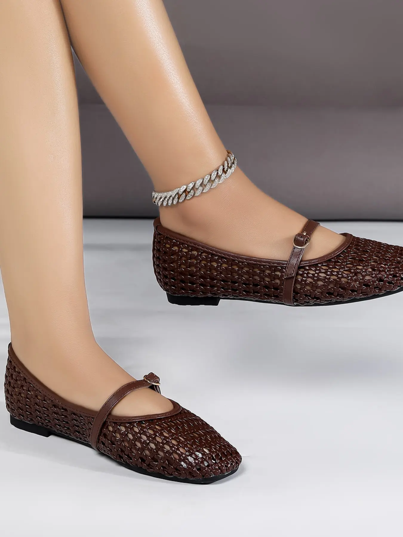 Women's Summer New Hollow Out Low Heel Shoes, Lightweight Flats Slip ons Footwear, Woven Ballet Flat, Fashion Mary Jane, Breathable College Style, Casual Comfort
